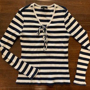 Women's Nautical Navy and White Striped Lace-Up Top Size Medium